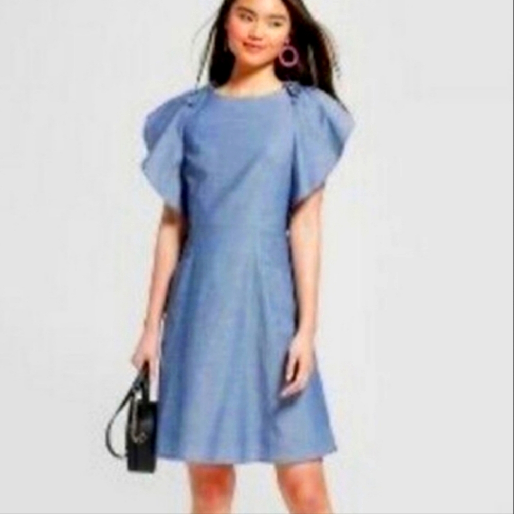 A New Day - Chambray Flutter Sleeve Dress - X
